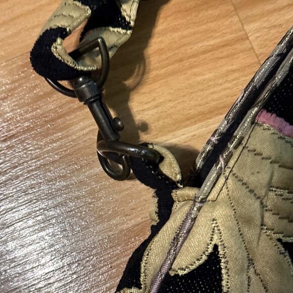 ZARA Crossbody Handbag Boho Wooden Handles Embroidered Fabric Black Tan Purses - Picture 8 of 14